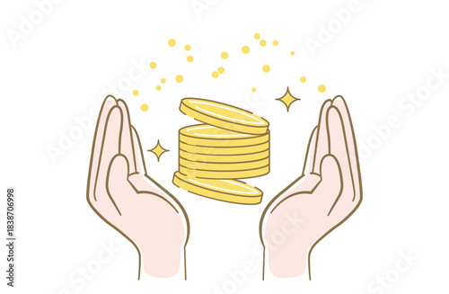 両手で大切にコインを持っているイメージの線画イラスト
