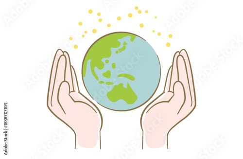 両手で地球を包み込んているイメージの線画イラスト
