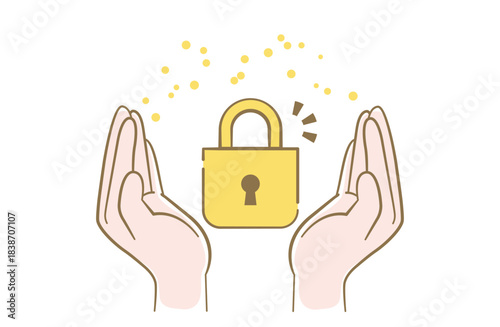 セキュリティをイメージした南京錠と両手の線画イラスト