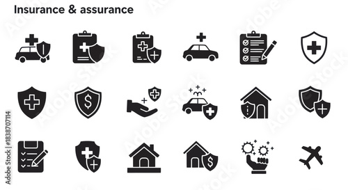 Black silhouette icons related to insurance and assurance across three rows