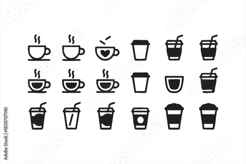 Coffee cup and iced drink vector icons for food apps, café signage, and menu templates