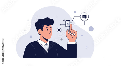 Businessman pointing at a touch screen connected to an AI chip icon