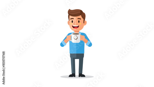 Cartoon man smiling while holding a coffee mug