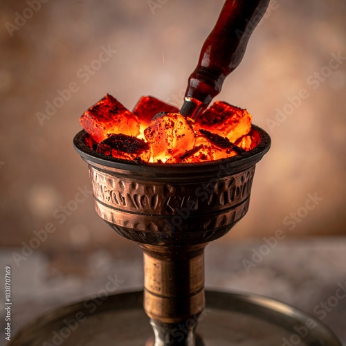 Close up of glowing coals in a traditional hookah bowl, ready for a smoking session.