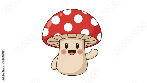 Cartoon red and white spotted mushroom character waving isolated on white