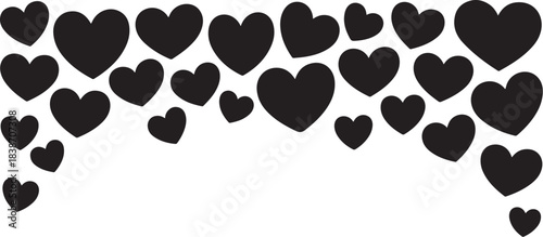 Black hearts scattered across white background vector