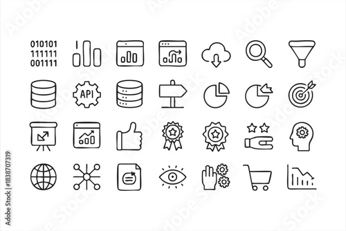 Data and KPI icon set for reporting tools, growth tracking, optimization workflows, and BI systems