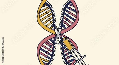 Conceptual illustration of gene therapy, showing a dna strand unzipping like a zipper with a syringe injecting a substance