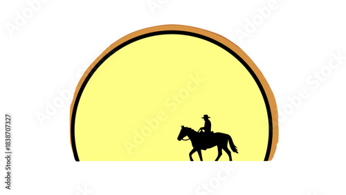 Silhouette of a person riding a horse against a large yellow sun with an orange border during the day in a field with a black background