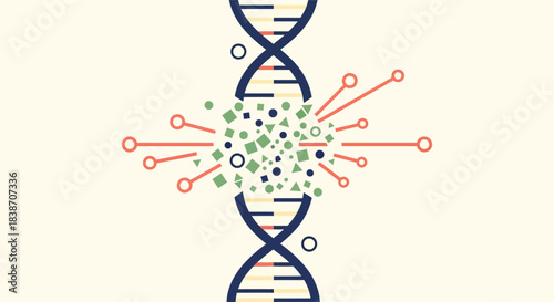 Genetic engineering and dna modification concept showing a double helix with data analysis and scientific research elements