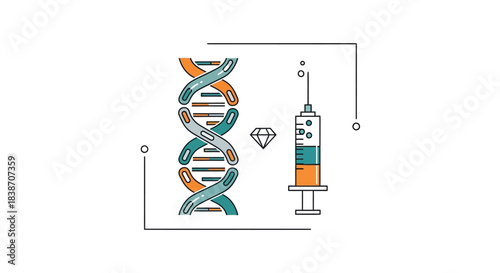 Genetic research and medical innovation concept with dna helix, diamond, and syringe