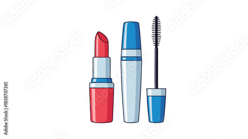 Red And White Lipstick And Blue Mascara With Brush On A Black Background Flat Design Isolated Makeup Cosmetics Beauty Products