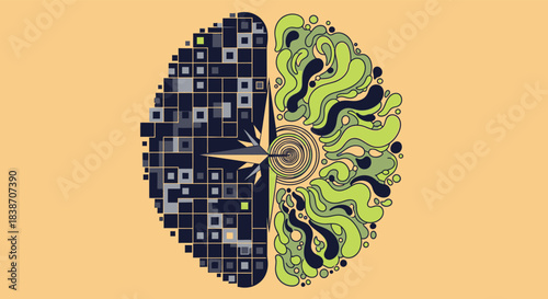 Brain duality concept logical left hemisphere with pixels, creative right with organic flow, balanced by a central compass