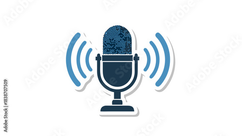 Retro Microphone Icon with Sound Waves Broadcasting Audio Signals on Black Background