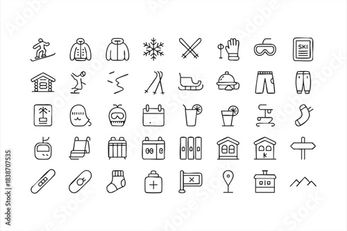 Winter ski resort icons for snow sports, mountain travel, seasonal activities, and alpine gear