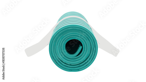 Rolled Teal Yoga Mat with White Straps Isolated on Black Background Top View