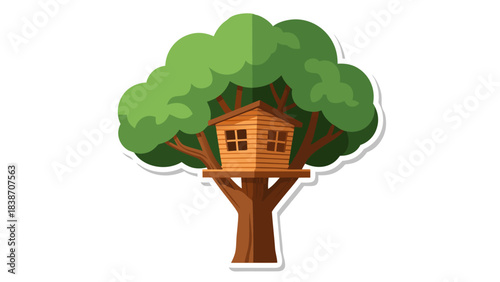 Rustic Wooden Treehouse Nestled Among Lush Green Leaves in a Vast Tree Featuring Natural Light and a Charming Outdoor Adventure Theme