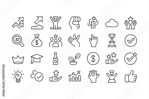 Achievement vector set featuring trophies, growth charts, stars, and leadership symbols