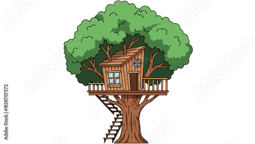 Rustic Wooden Treehouse Perched High in a Lush Green Tree with Ladder Access and Windows on a Clear Day
