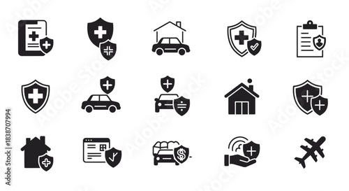 A collection of black silhouette icons representing various types of insurance and protection