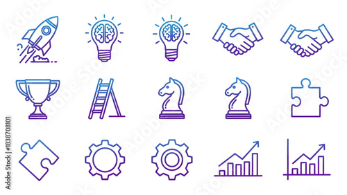 Set of icons representing ideas, success, teamwork, and strategy in business and innovation