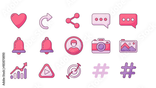 Social Media Icons Set Heart, Share, Chat, Camera, Notification, Growth Chart, Play Button, Target, Hashtag, Profile