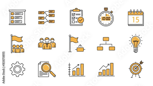Business strategy and planning icons depicting project management, teamwork, goals, and success in a clean, modern illustration style