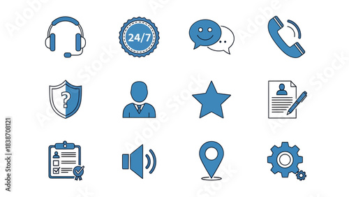 Modern flat line icon set for comprehensive customer assistance, communication tools, business services, and essential support solutions, ideal for user interface and experience designs