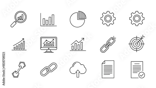 Modern outline vector icons depicting comprehensive business analytics, digital marketing strategies, search engine optimization, and data management for web interfaces and applications