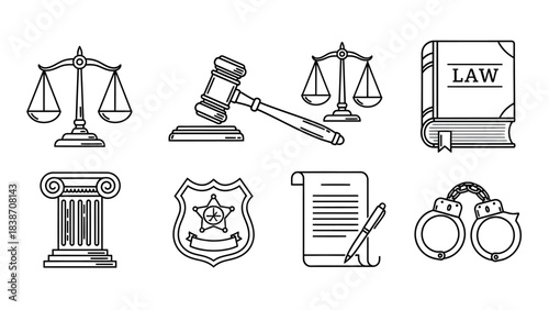 Versatile collection of minimalist line art icons representing the legal system and justice, featuring scales, gavel, law book, badge, and handcuffs for various design applications