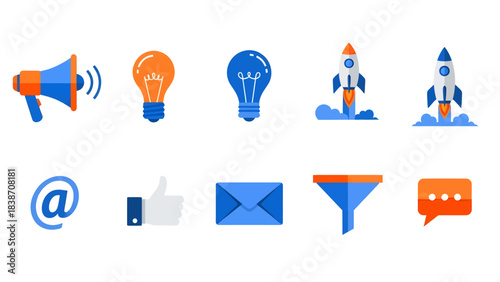 Vibrant collection of essential business and marketing strategy vector icons, depicting communication, innovative ideas, startup growth, and digital engagement concepts