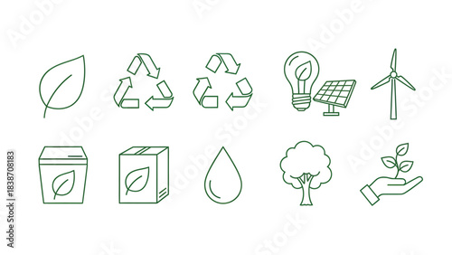 Set of environmental icons representing nature conservation and sustainability, including leaf, recycling, and renewable energy symbols