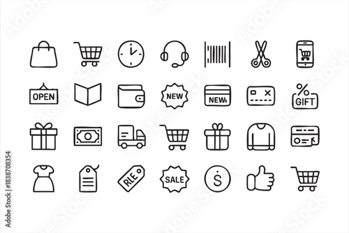 Minimal retail icons for discounts, delivery trucks, payment cards, clothing items, and shop signage