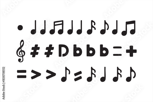 Vector music symbols featuring notes, clefs, accidentals, rests, and essential theory elements