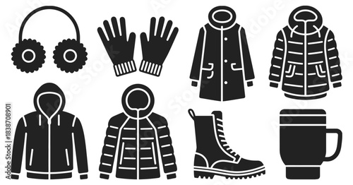 Black and White Winter Clothing Wear Set, a versatile vector pack showcasing winter apparel including hats, scarves, mittens, socks, boots, and outerwear in monochromatic seasonal design