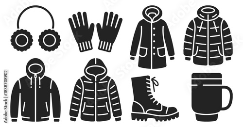 Black and White Winter Clothing Wear Set, a seasonal vector collection featuring scarves, hats, mittens, boots, sweaters, and jackets in cold weather style for fashion and illustration