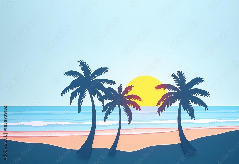 Fototapeta premium Delicate pastel blue paper cut palm trees, beach, ocean waves, sunset silhouette, card, holiday