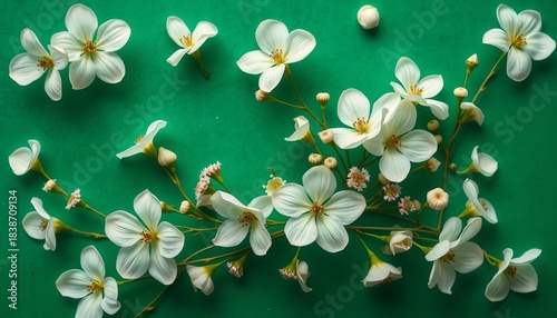 Delicate ivory floral arrangement on a rich emerald green background,  elegant,  emerald