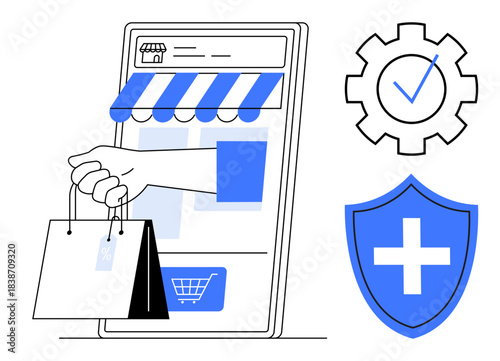 Online shopping, digital marketing, e-commerce security, customer support, safe transactions, retail technology. Digital storefront on a smartphone with a shopping bag. E-commerce security and online