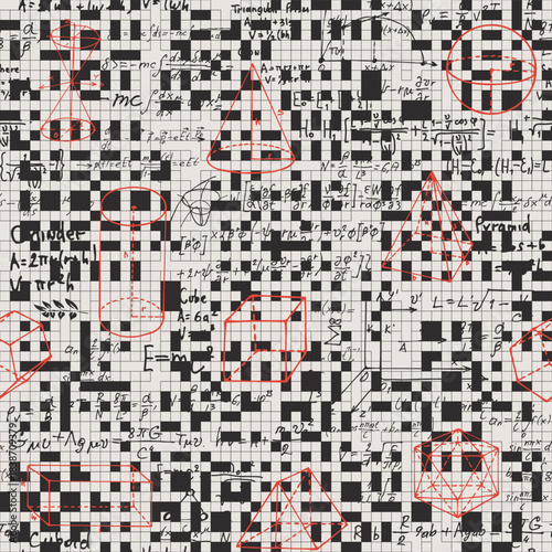 A seamless pattern with crosswords, geometric shapes, symbols, mathematical formulas, and solutions to equations and math problems. Suitable for fabric, wallpaper, book cover, and wrapping paper.No ai