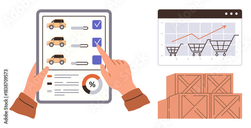 Person selecting products on a tablet, sales graph with shopping carts, and stacked boxes representing logistics. Ideal for ecommerce, marketing, business, retail, inventory, analytics simple flat