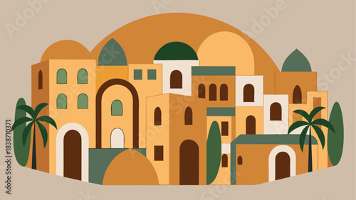 Ancient Desert Settlement Illustration with Mountains and Ruins