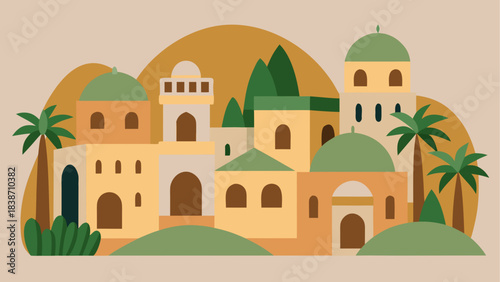 Ancient Desert Settlement Illustration with Mountains and Ruins