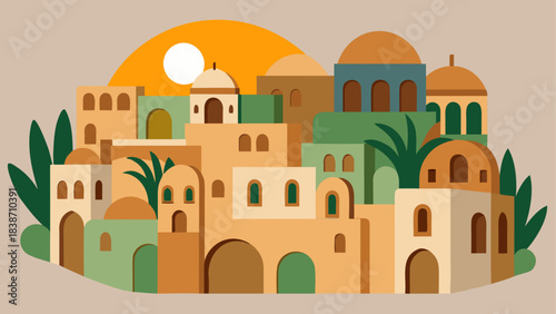 Ancient Desert Settlement Illustration with Mountains and Ruins