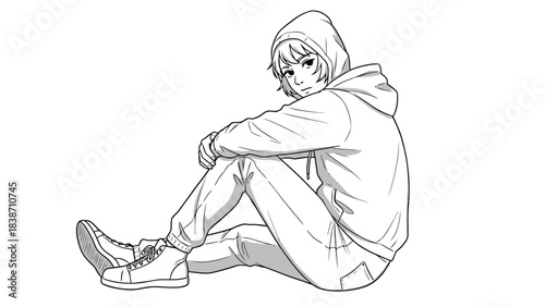 Casual Young Person Sitting Relaxed in a Hoodie and Sneakers Youth Fashion Illustration
