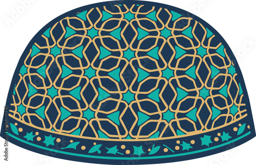 A detailed vector illustration of a traditional Islamic kufi cap adorned with an intricate teal and gold geometric star pattern set against a dark blue background, representing classic Arabesque desig