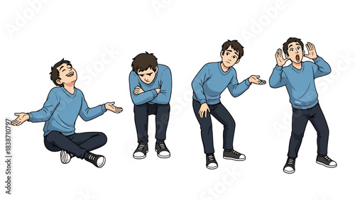Young Man in Various Casual Poses Expressing Emotions and Actions