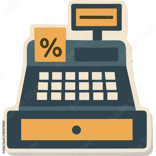 Retro Cash Register With Percentage Sign on Paper Displaying Discount or Sale in Teal and Orange Colors Simple Flat Design