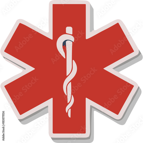 Red Star of Life Medical Emblem with Caduceus Symbol Over Black Background Detailed Vector Illustration