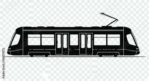 Sleek modern tram silhouette on a transparent background, representing urban public transport.